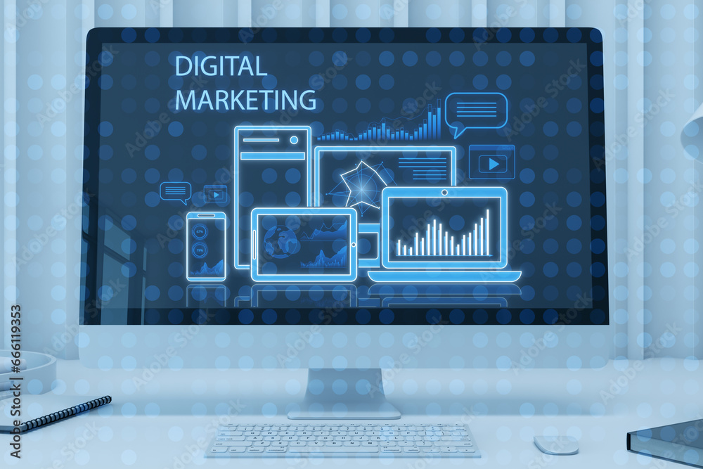 Poster close up of computer monitor with creative blue gadgets and business chart hologram on blurry pixel 