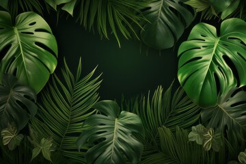 Fototapeta na wymiar A photo realistic border with green monstera and palm tee leaves arranged at the sides making a frame with a dark copy space in the middle, top view flat lay composition