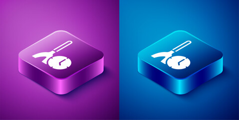 Isometric Cleaning time icon isolated on blue and purple background. Sanitary service, house hygiene. Square button. Vector