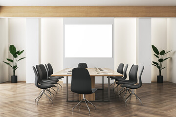 Modern meeting room interior with empty white mock up banner, furniture and wooden flooring. 3D Rendering.