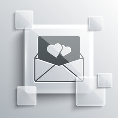 Grey Envelope with Valentine heart icon isolated on grey background. Message love. Letter love and romance. Square glass panels. Vector