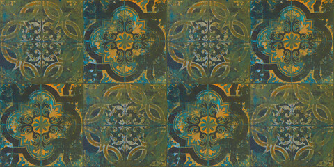Old blue yellow green rusty vintage retro worn shabby patchwork arabesque motif tiles stone...