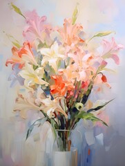 Oil painting of bouquet of lilies, pastel color