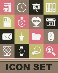 Set Magnifying glass for search people, Computer mouse, Calendar, Chalkboard with diagram, Time is money, Resume, Coffee machine and Heart text work icon. Vector