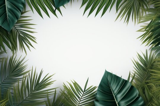 A photo realistic border with green monstera and palm tee leaves arranged at the sides making a frame with a white copy space in the middle, top view flat lay composition