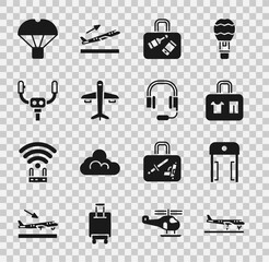 Set Plane, Metal detector in airport, Suitcase, Aircraft steering helm, Box flying on parachute and Headphones with microphone icon. Vector