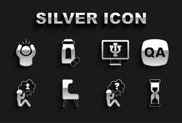 Fototapeta premium Set Armchair, Question and Answer, Old hourglass, Head with question mark, Man graves funeral sorrow, Psychologist online, Anger and Sedative pills icon. Vector