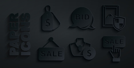 Set Auction jewelry sale, painting, Price tag with Sale, Bid and icon. Vector