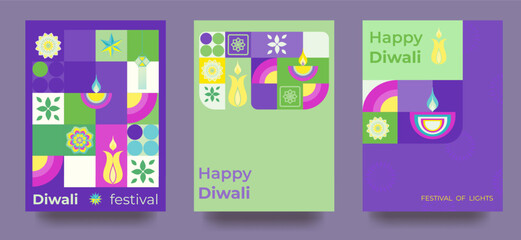 Fototapeta na wymiar Set of cards for Diwali celebration. Colorful geometric poster in minimalist style. Vector