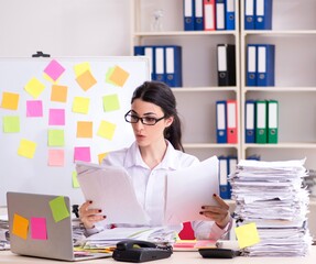 Young female employee in conflicting priorities concept