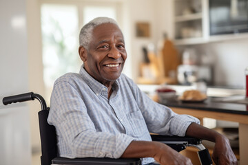 Mature African American man in a wheelchair indoors, comfortable and content