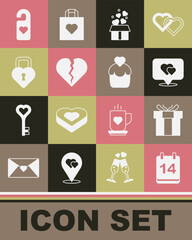 Set Calendar with February 14, Gift box, Location heart, hearts, Broken or divorce, Castle in the shape of, Please do not disturb and Wedding cake icon. Vector