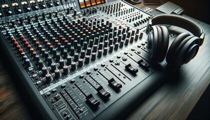 Audio mixing console with headphones