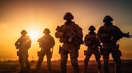 Silhouette of a five mercenary soldiers during patrol and security of the territory. They move...