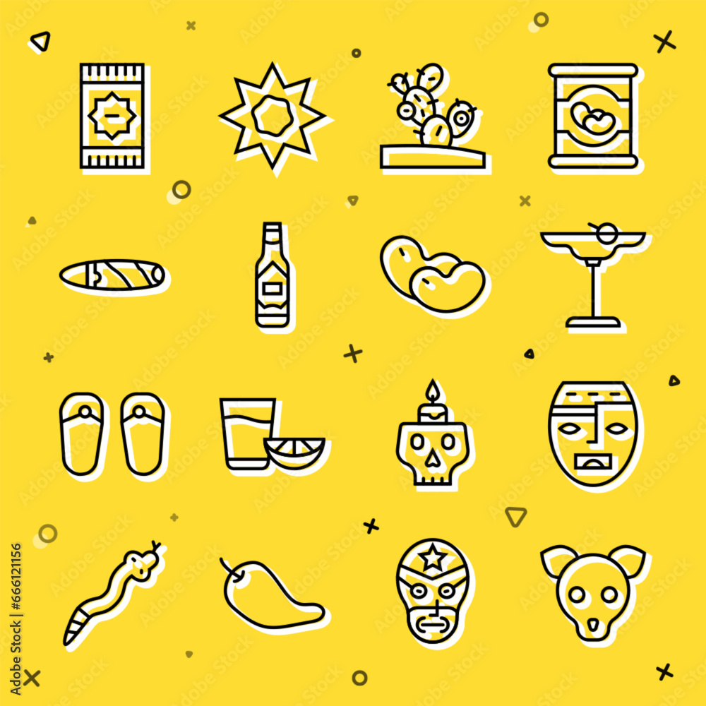 Sticker set line dog, aztec mask, margarita cocktail, cactus, tabasco sauce, cigar, mexican carpet and beans