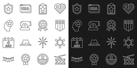 Set line Drum and drum sticks, Hexagram sheriff, Shield with stars, USA Independence day, Cannon, Head, Police badge and Medal icon. Vector