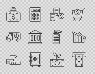 Set line Pos terminal, ATM and money, Paper or financial check, Safe, Briefcase, Bank building, Money plant the pot and Financial growth decrease icon. Vector