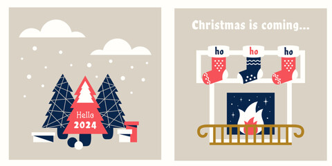 Set of Christmas cards. Stone fireplace with burning flame, Christmas socks, presents. Modern Christmas trees and greeting text with number 2024. Vector illustration for banner, print, invitations