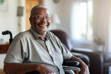 African American elder man in a wheelchair in a nursing home, happy and well-cared-for