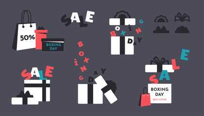 Set of Gift boxes, packages, discount, price off. Festive modern present boxes, bow, ribbon, in minimalistic style. Boxing Day sale. Vector illustration for shopping event promotion, sale, web