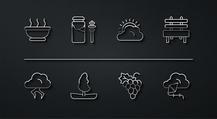 Set line Bowl of hot soup, Storm, Bench, Grape fruit, Tree, Jar honey and dipper stick, Kite and Sun cloud weather icon. Vector