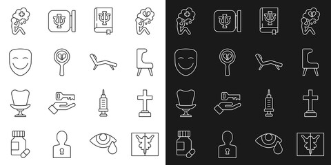 Set line Rorschach test, Graves funeral sorrow, Armchair, Psychology book, Psi, Broken heart divorce, Comedy theatrical mask, Helping hand and icon. Vector