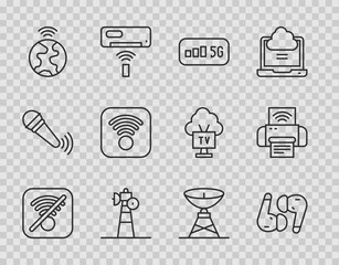 Set line No Wi-Fi wireless internet, Air headphones, 5G, Satellite dish, Global technology, and Smart printer system icon. Vector
