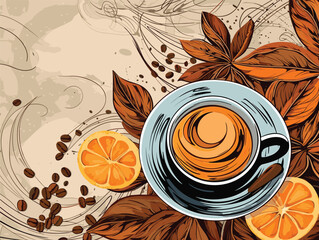Abstract vector illustration in watercolor style with coffee, anise stars, orange and leaves