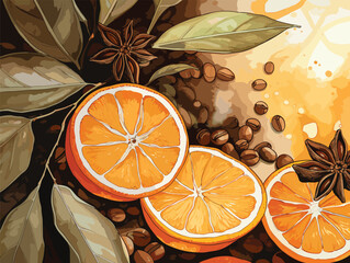 Abstract vector background in watercolor style with coffee, anise stars, orange and leaves - obrazy, fototapety, plakaty