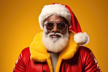 Close-up portrait of a black man Santa Claus, cute, bespectacled, happy gray-haired Santa, on a bright yellow background. AI generated