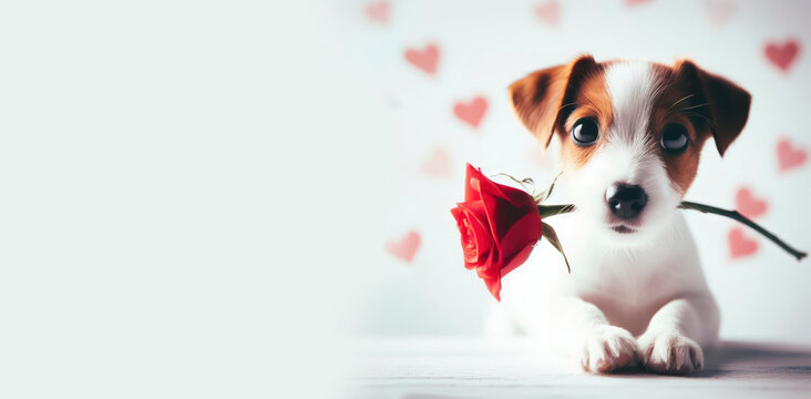 Jack Russell dog holding a rose in his mouth. ai generative