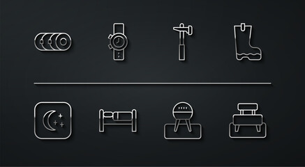 Set line Blanket roll, Moon and stars, Waterproof rubber boot, Barbecue grill, Bed, Wrist watch, Bench and Hammer icon. Vector