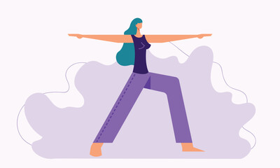 A girl with long hair doing yoga pose flat vector illustration. Women exercising with standing and open arm pose cartoon design. Working out and health care illustration template.