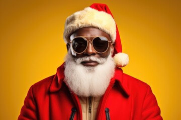 Close-up portrait of a black man Santa Claus, cute, bespectacled, happy gray-haired Santa, on a bright yellow background. AI generated