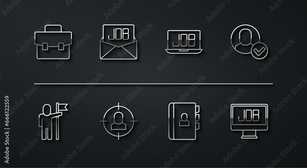 Poster Set line Briefcase, Man holding flag, Worker, Resume, Head hunting, Search job, and icon. Vector