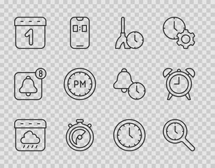 Set line Calendar autumn, Magnifying glass with clock, Cleaning time, Stopwatch, Day, Clock and Alarm icon. Vector