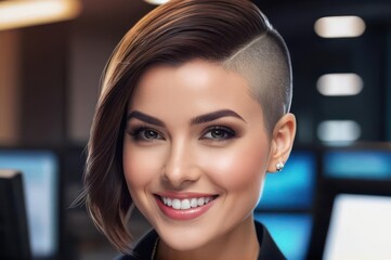 Fototapeta premium Portrait of attractive cheerful brown buzz cut haired girl leader partner top director startup developer in modern office. Close up of smiling young adult girl with blurred open space background.