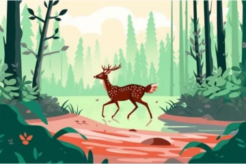 Gordijnen cartoon deer in the forest © Angah