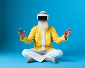 Santa claus doing yoga moves with VR headset on her head against blue background. Christmas healthy concept