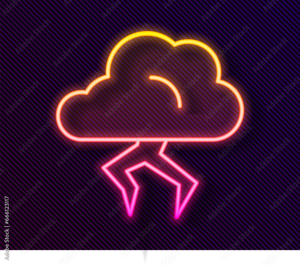 Sticker Glowing neon line Storm icon isolated on black background. Cloud and lightning sign. Weather icon of storm. Vector