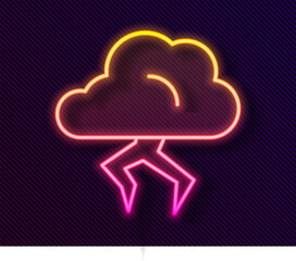 Glowing neon line Storm icon isolated on black background. Cloud and lightning sign. Weather icon of storm. Vector