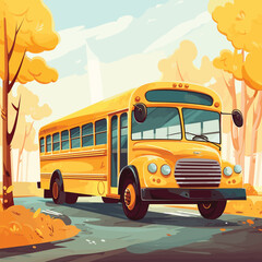 A cartoon funny yellow school bus rides along the road against the backdrop of nature, trees and mountains. Vector