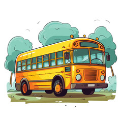 A cartoon funny yellow school bus rides along the road against the backdrop of nature, trees and mountains. Vector