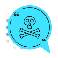 Black line Bones and skull as a sign of toxicity warning icon isolated on white background. Blue speech bubble symbol. Vector