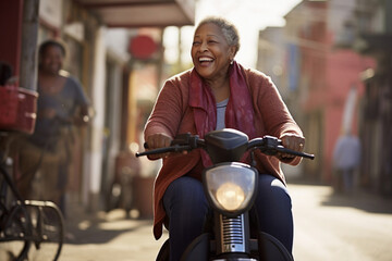 Senior African American woman on a mobility scooter, outdoor exploration in the city - obrazy, fototapety, plakaty