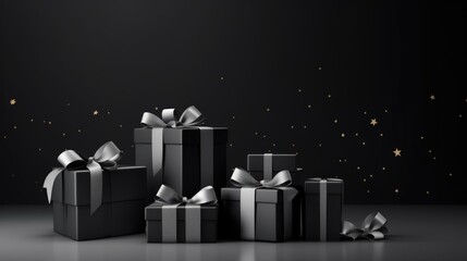 A group of black and white gift boxes with silver bows, Black Friday background