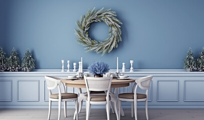 Elegant blue dining room with winter wreath