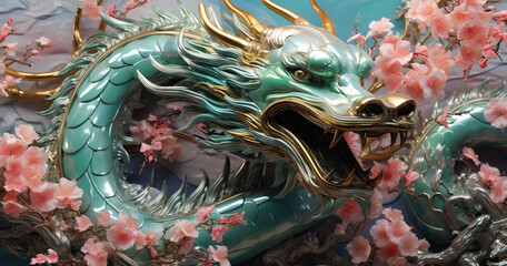 the dragon with its golden light surrounds a pink flower, happy lunar new year 2024 background