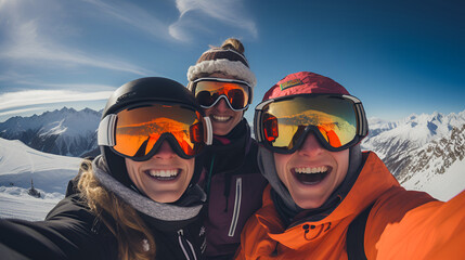 Fototapeta na wymiar Amid the mountain backdrop, friends on skis capture the moment with a joyful summit selfie
