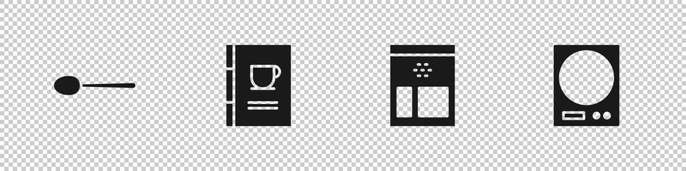 Set Spoon, Coffee book, Bag coffee beans and Electronic scales icon. Vector